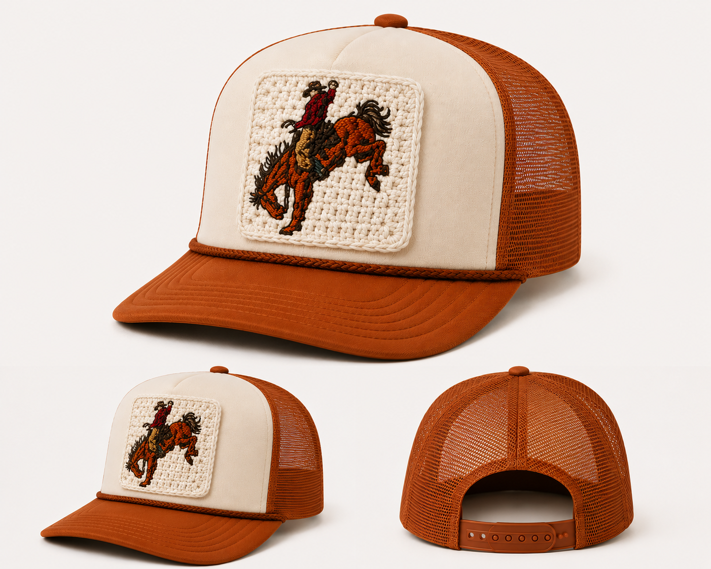 Bucking Cowboy Crochet Cream & Burnt Orange - Infant Trucker Hat (2pcs)