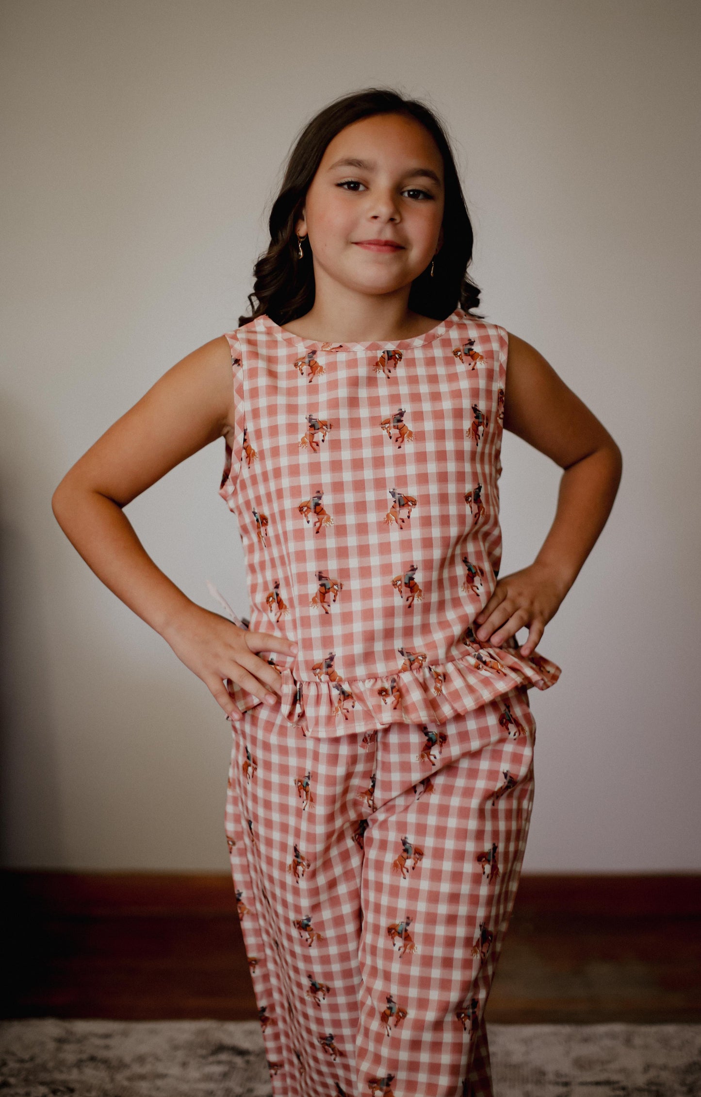 Pink Gingham Horse - Youth Tank Pant Set (6pcs)