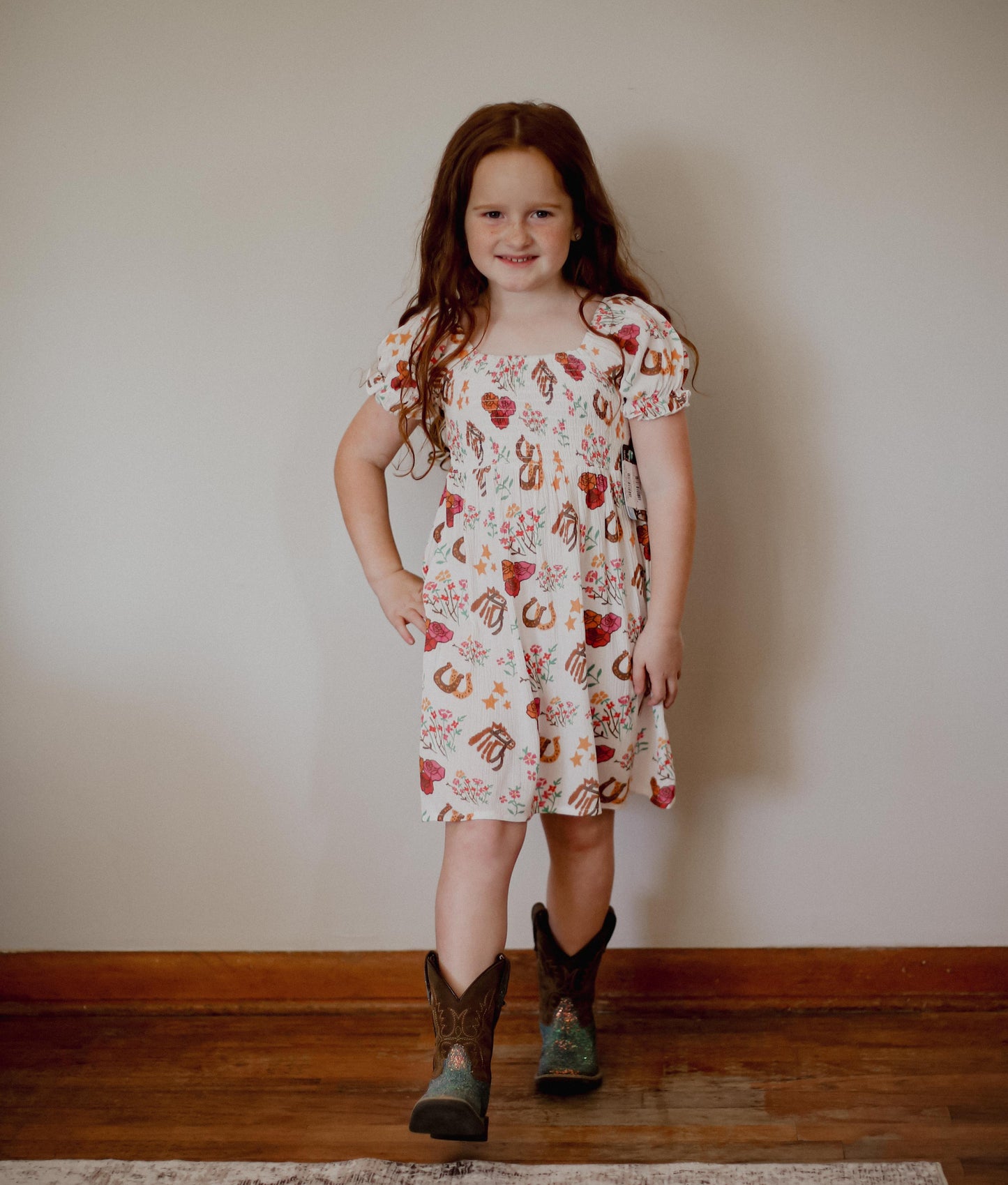 Ivory Floral Horseshoe - Youth Smocked SS Dress (6pcs)