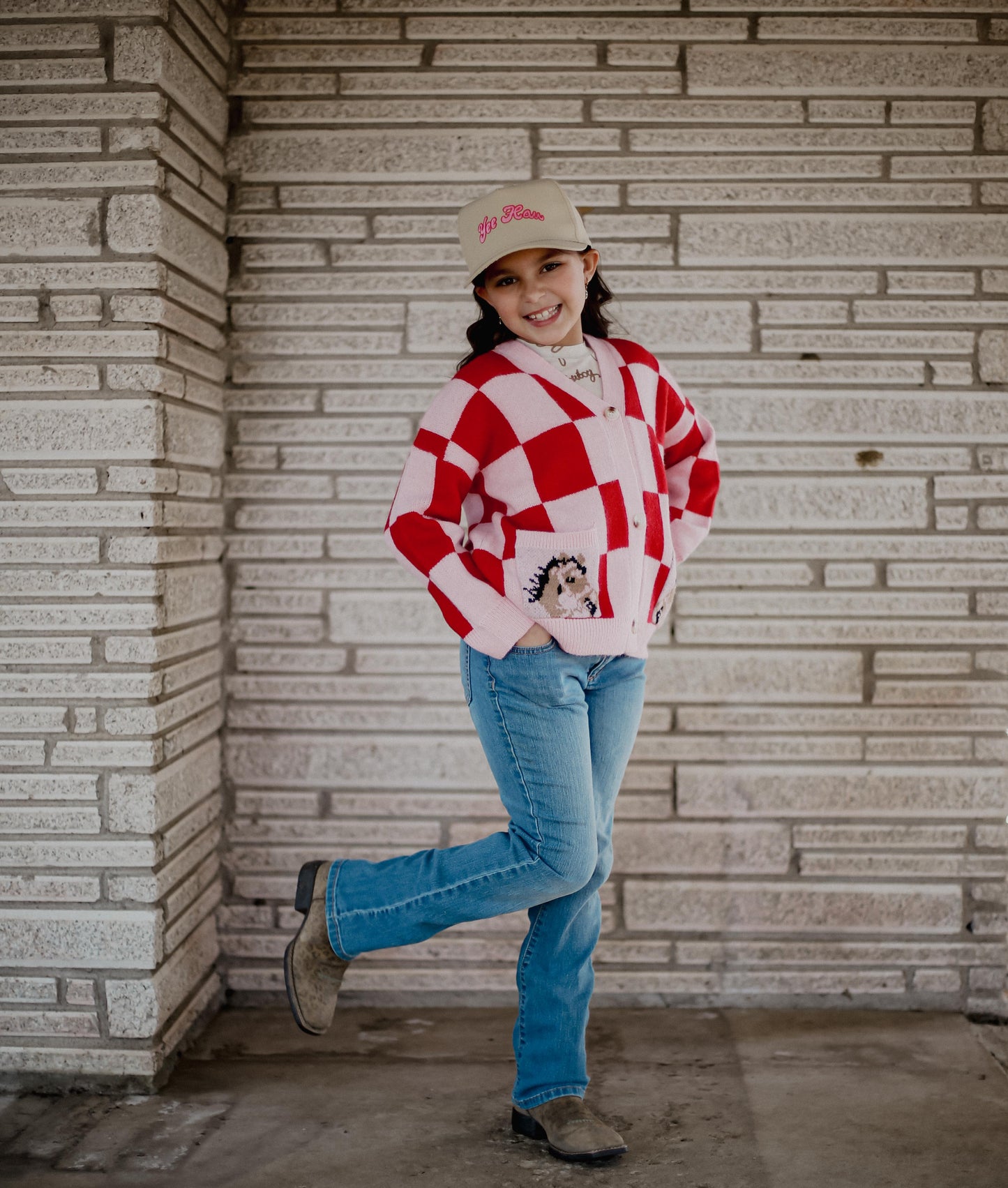 Pink Red Check Horse - Youth Cardigan Sweater (6pcs)