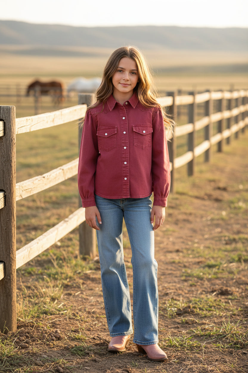 Marroon Pink Denim - Toddler Puff LS Pearl Snap (4pcs)