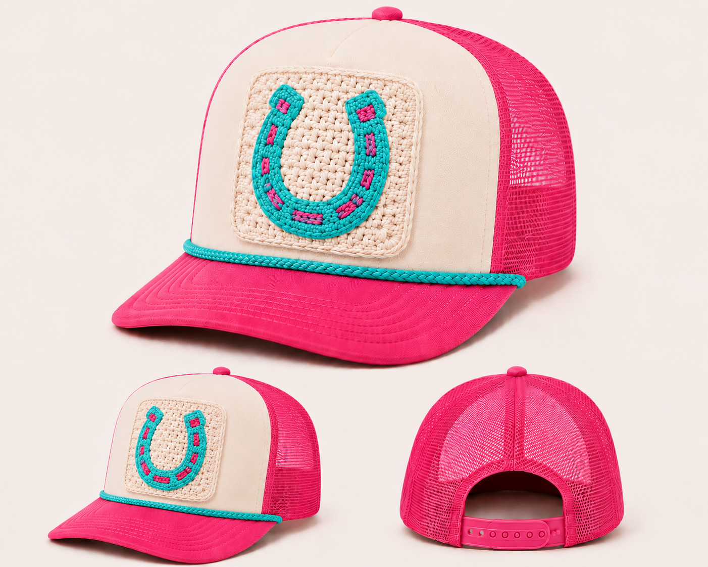 Teal & Pink Crochet Horse - Youth Trucker Hat (2pcs)