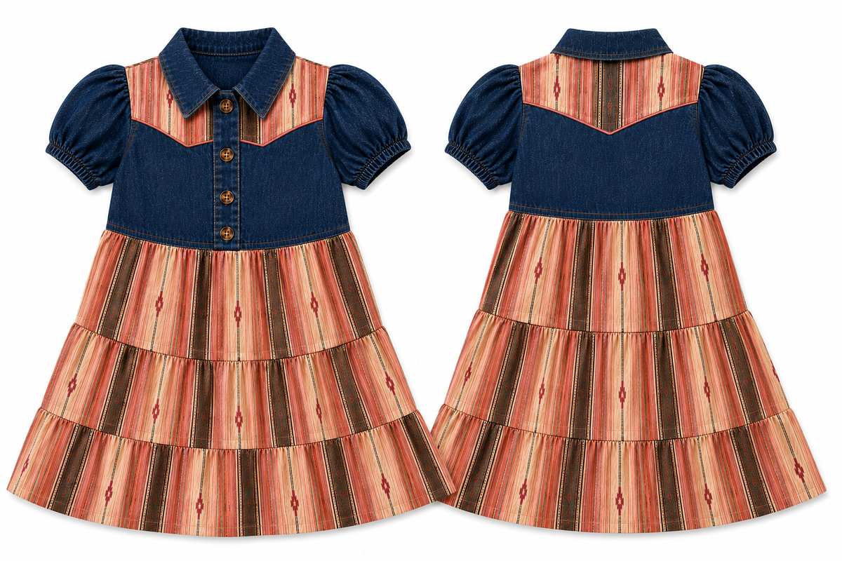 Front and back views of a toddler girl's tiered dress with a dark blue denim-style bodice and sleeves, and a rust-orange, brown, and beige striped skirt.