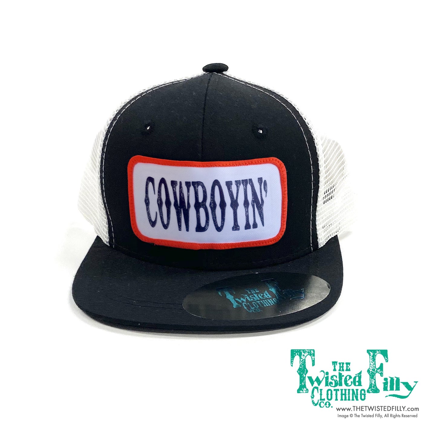 #Cowboyin - Toddler Trucker Hat - Blk/Wht Neon Orange