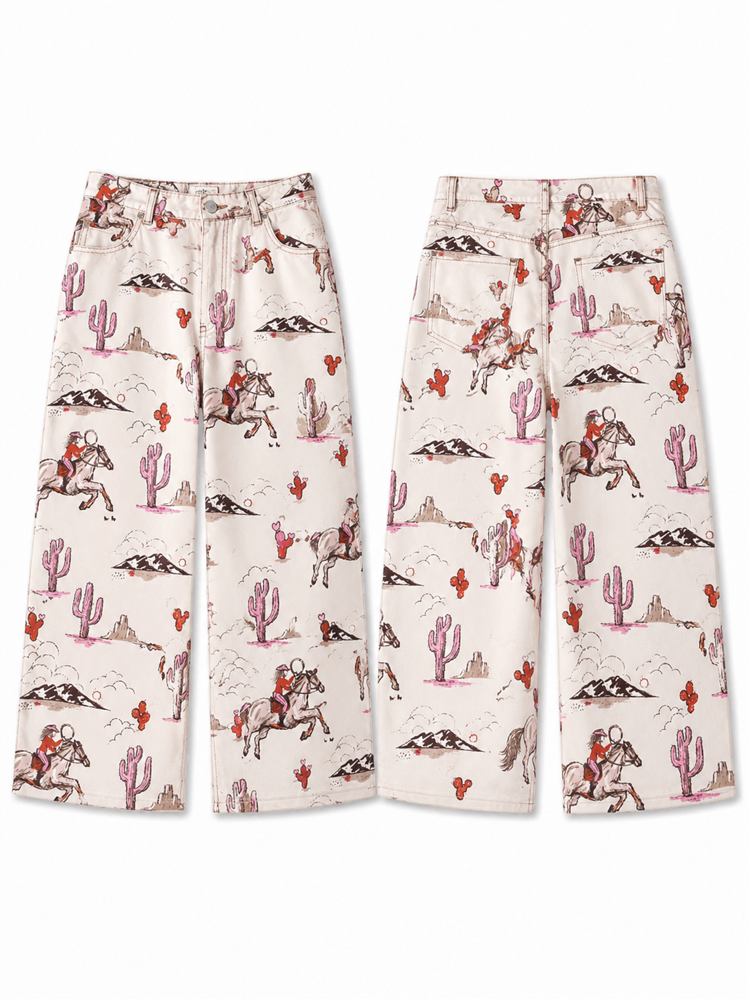 Cream cowgirl and pink cactus desert denim barrel pants front and back view