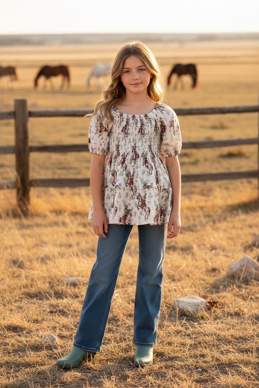 Ivory Floral Cowboy - Toddler Smocked SS Top
