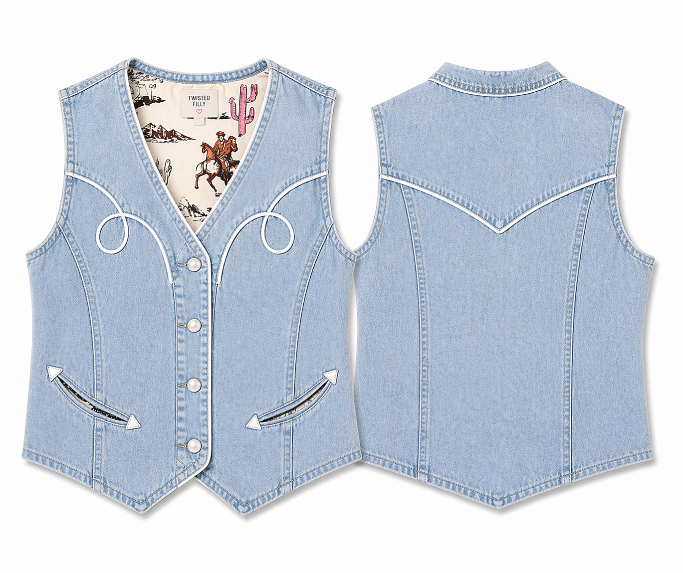 Light Vintage Wash Denim - Womens Pearl Snap W/ White Pipping Vest (8pcs)