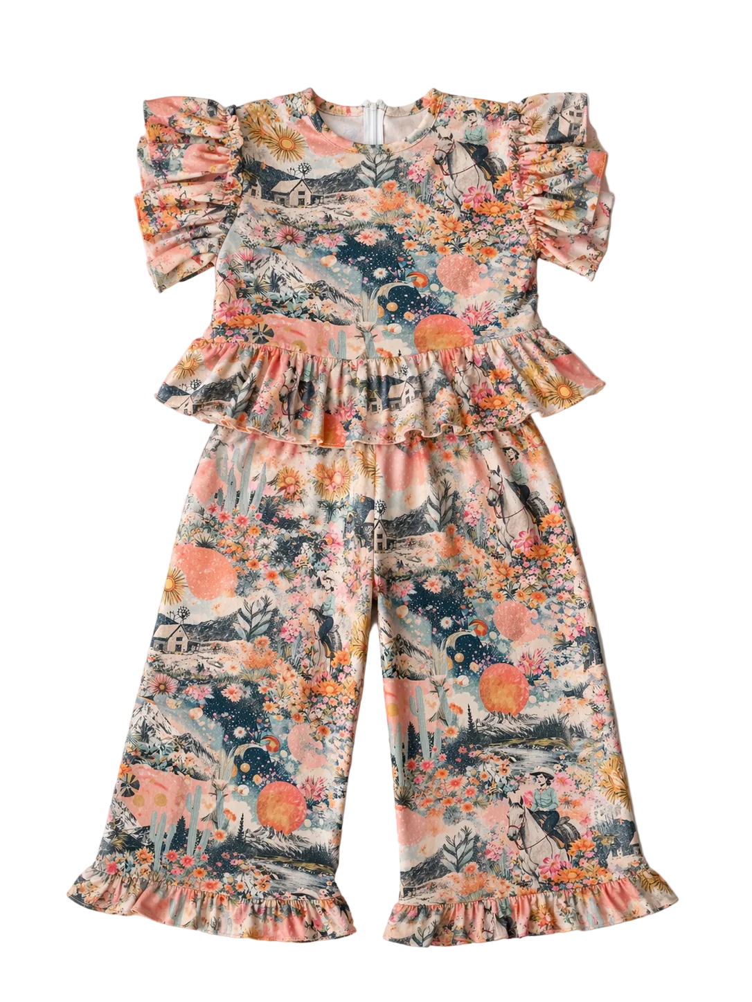 Short sleeve ruffle top pant set with pink western collage pattern