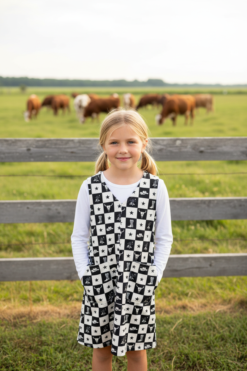 Black Check Western -Toddler Dress (4pcs)