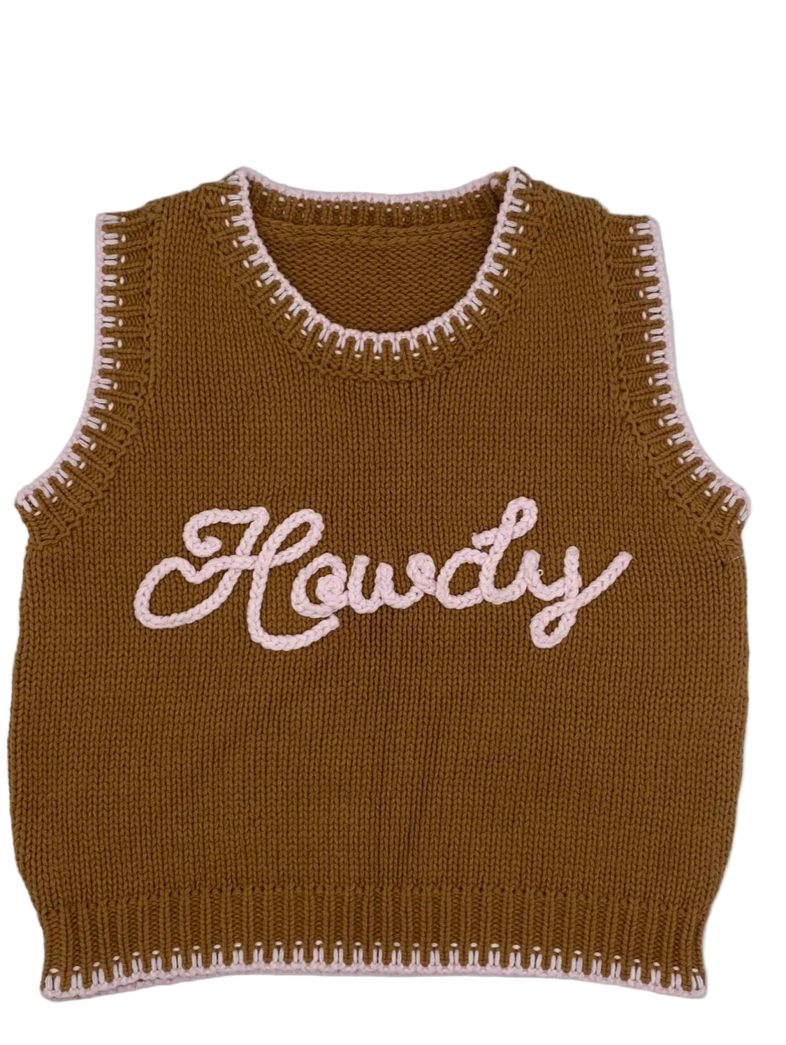 Brown knitted sweater vest with pink Howdy detail