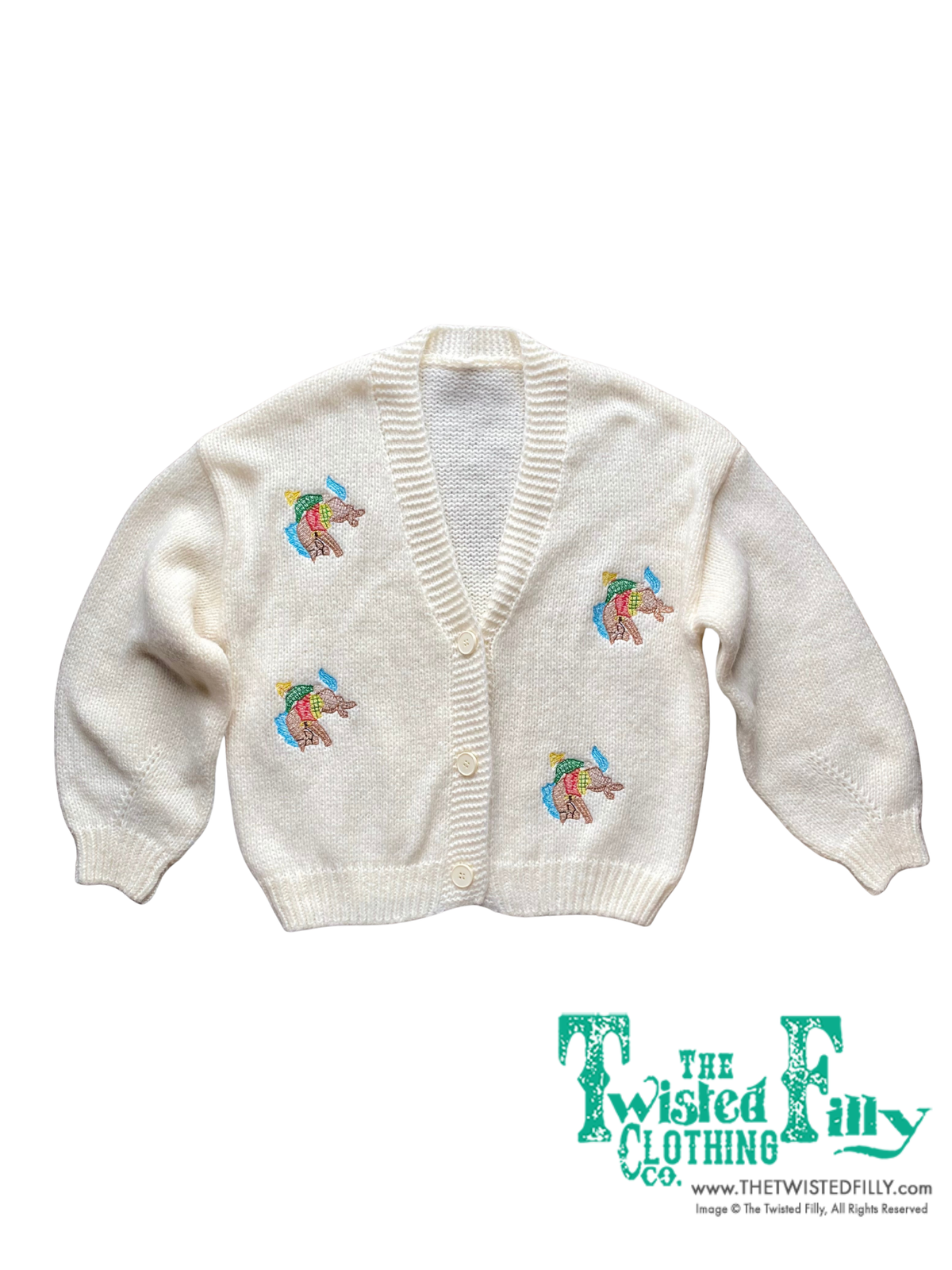 White cardigan with embroidered designs on a white background, branded 'The Twisted Hilly Co'.