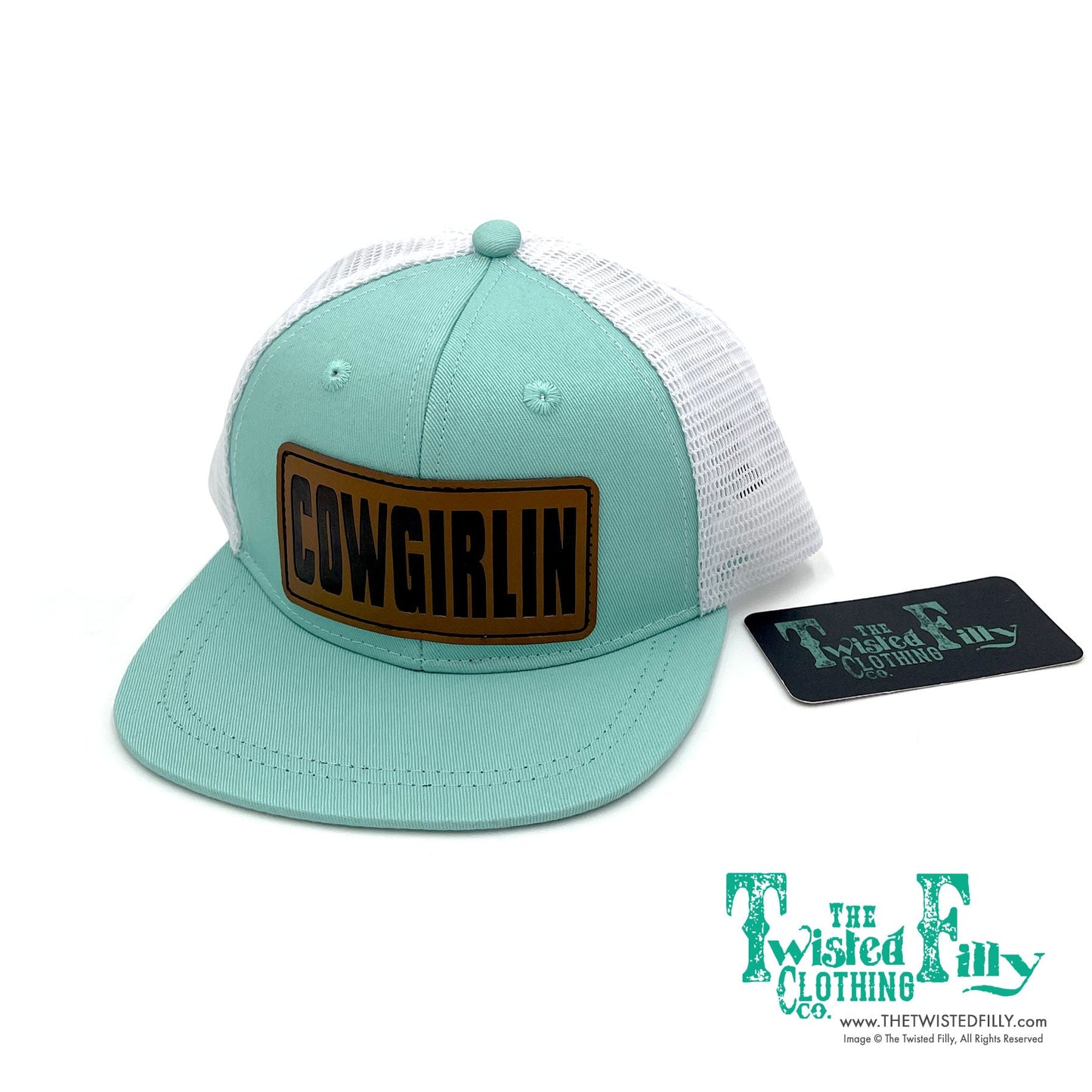 Cowgirlin Leather Patch - Toddler Trucker Hat - Turquoise/White