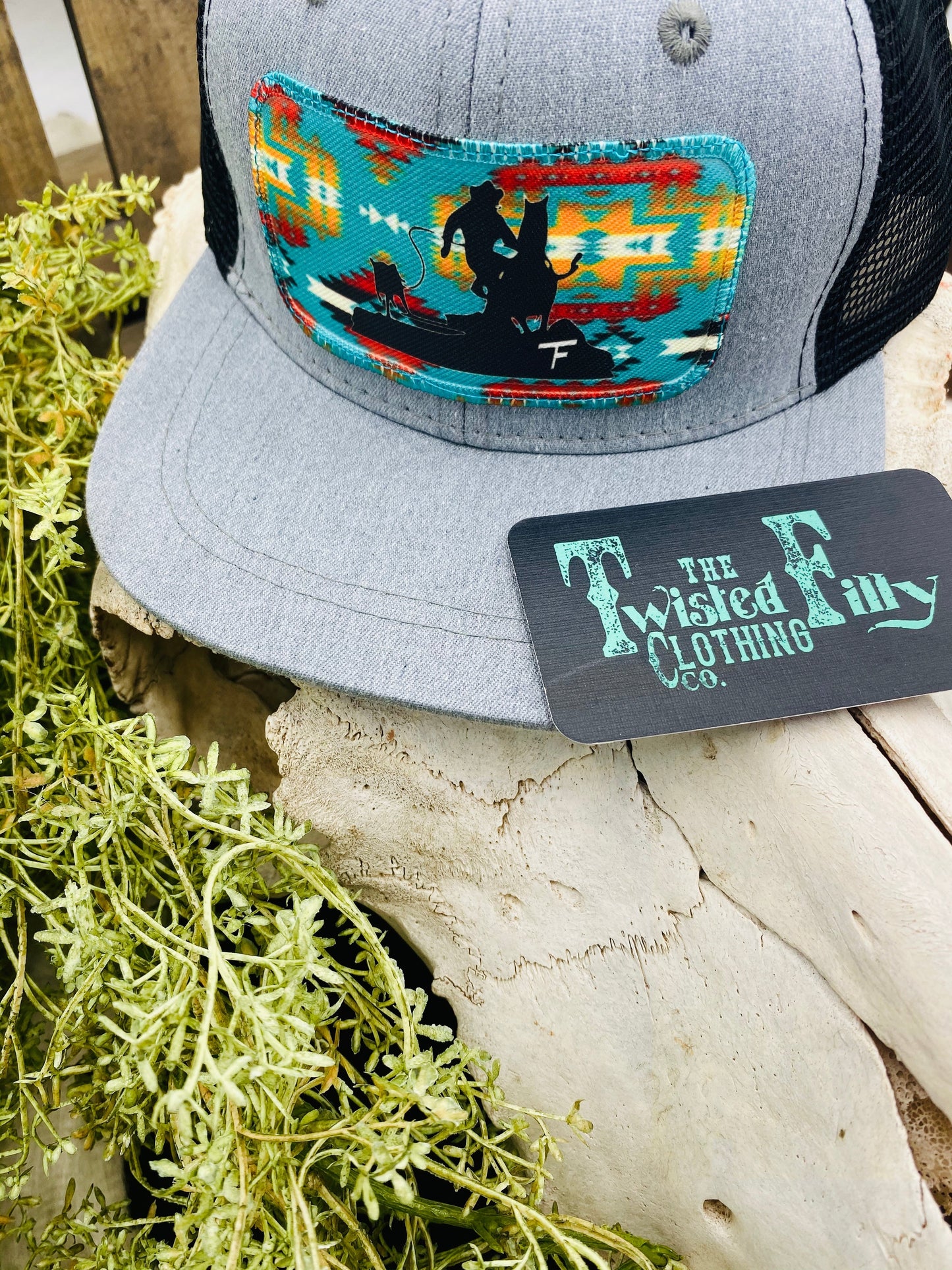 Aztec Calf Roper - Youth/Adult Trucker Hat - Blk/Htr Gry