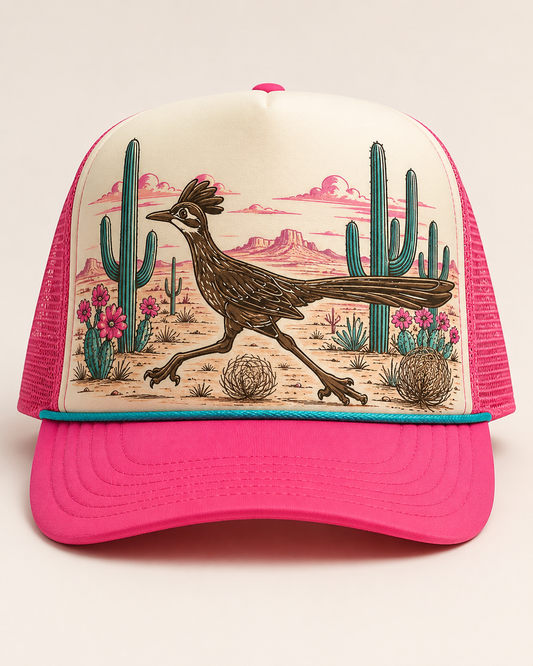 Neon pink and turquoise foam trucker snapback hat with desert roadrunner design