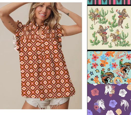 Retro Cactus - Youth Ruffle Sleeve Blouse (6pcs)
