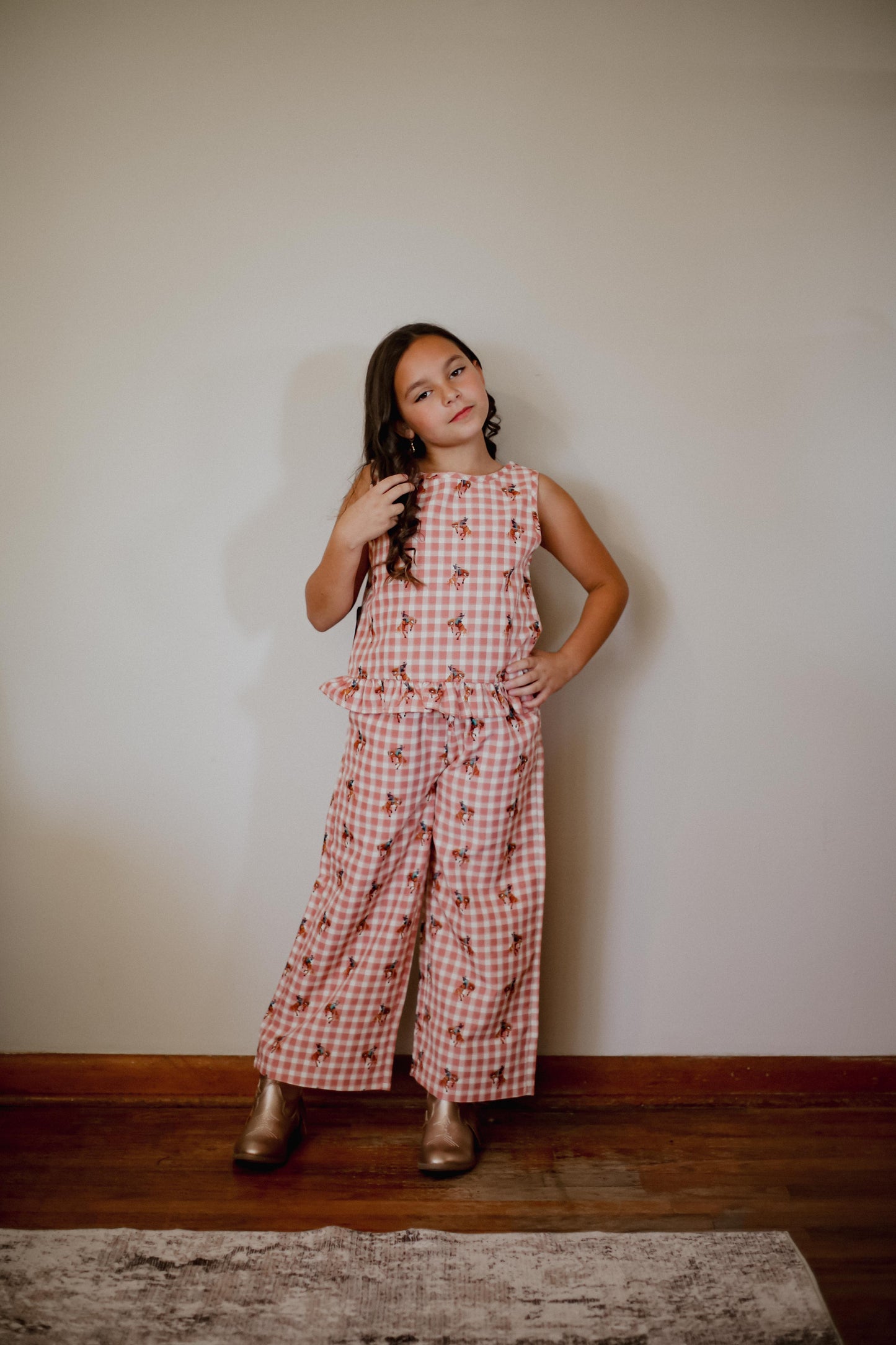 Pink Gingham Horse - Youth Tank Pant Set (6pcs)