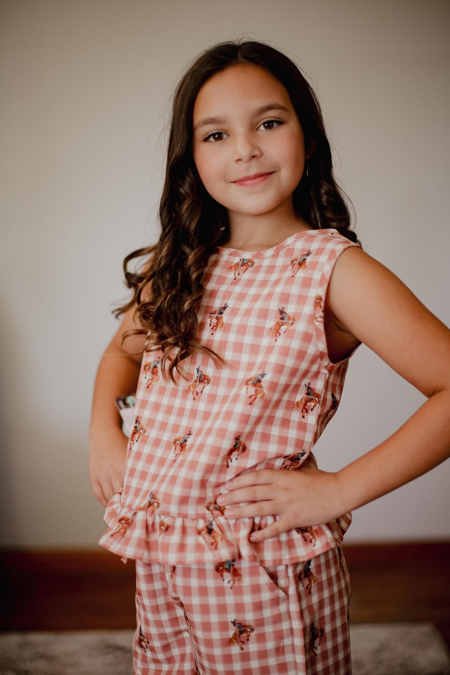 Pink Gingham Horse - Youth Tank Pant Set (6pcs)