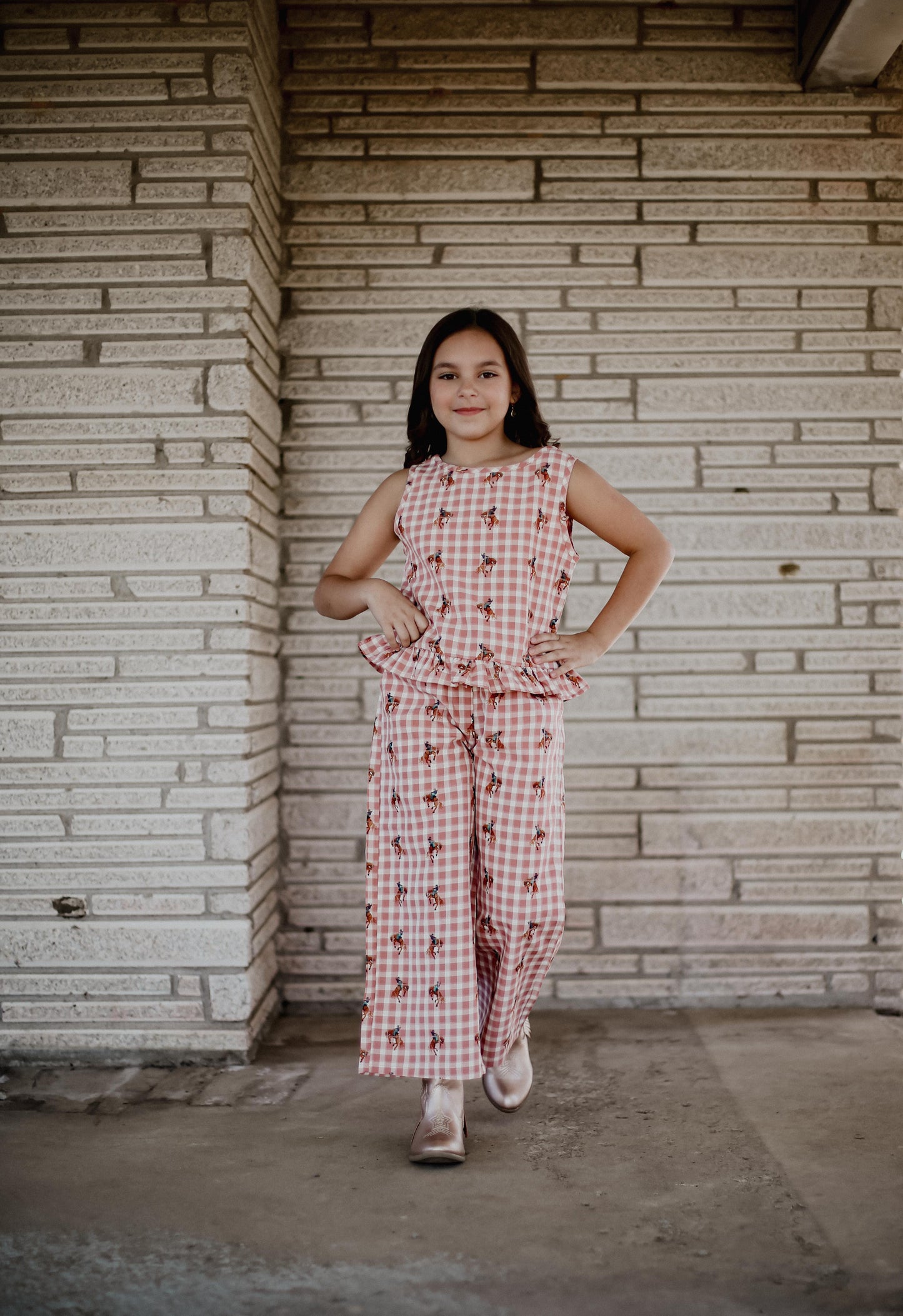 Pink Gingham Horse - Youth Tank Pant Set (6pcs)