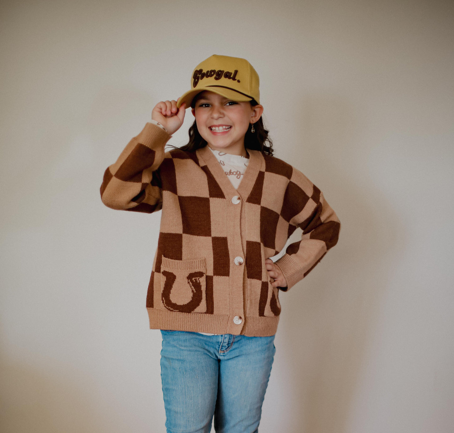 Brown Tan Check Horseshoe - Toddler Cardigan Sweater (4pcs)