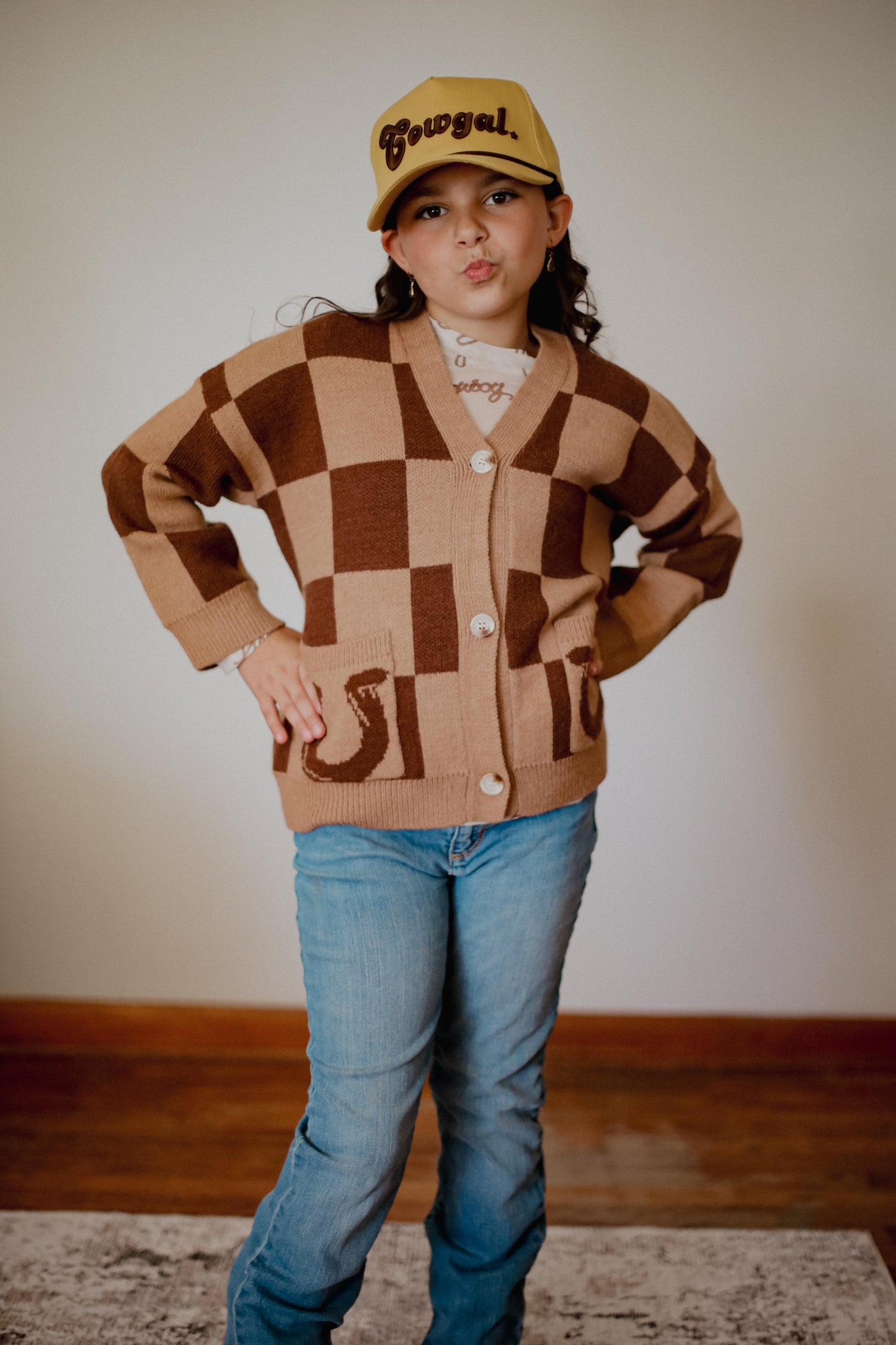 Brown Tan Check Horseshoe - Toddler Cardigan Sweater (4pcs)