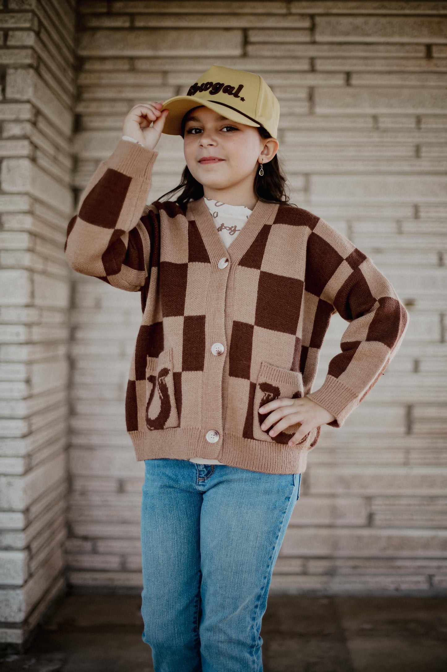 Brown Tan Check Horseshoe - Toddler Cardigan Sweater (4pcs)
