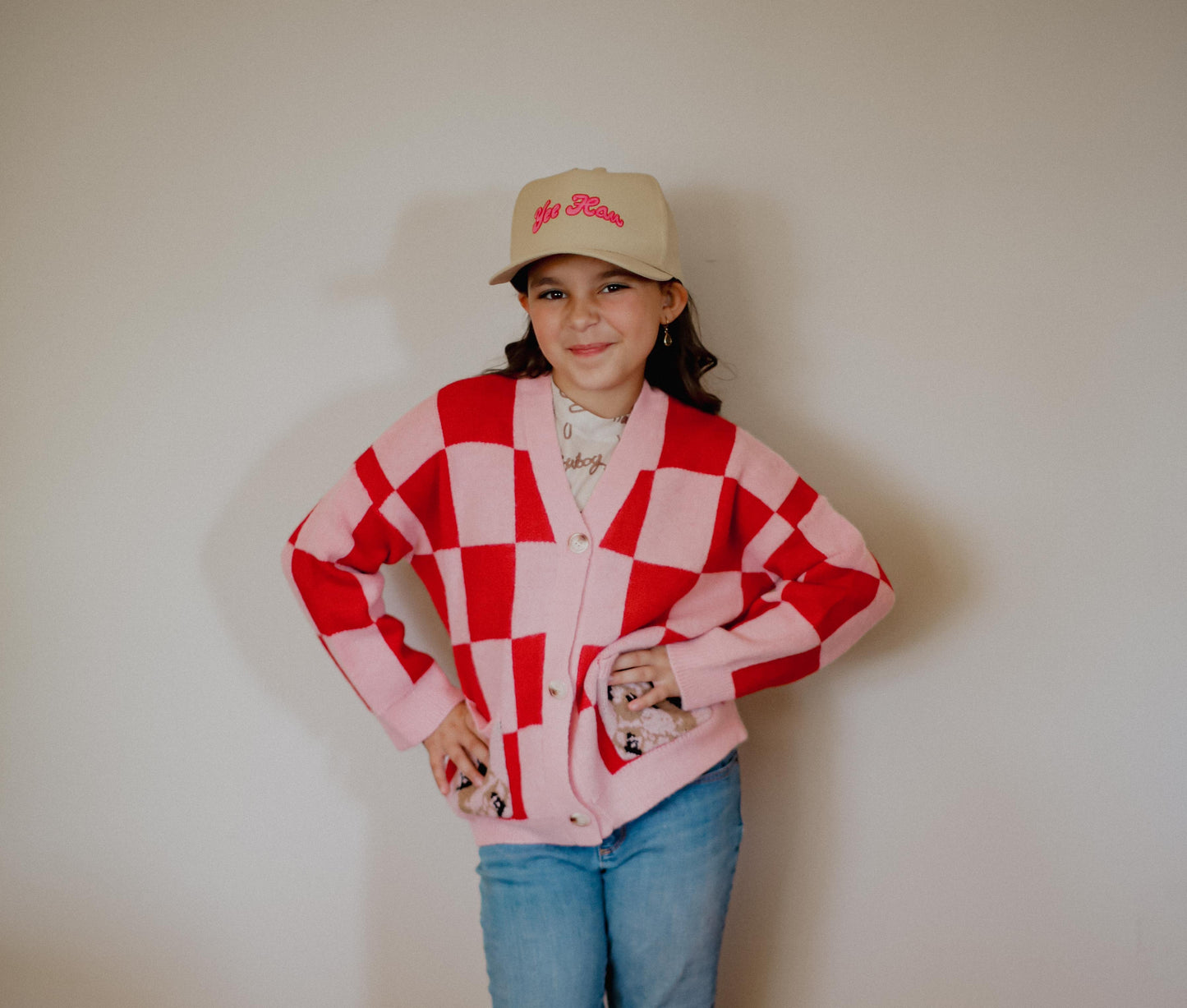 Pink Red Check Horse - Infant Cardigan Sweater (6pcs)