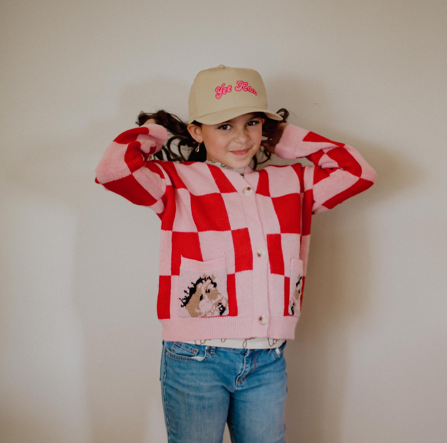 Pink Red Check Horse - Infant Cardigan Sweater (6pcs)