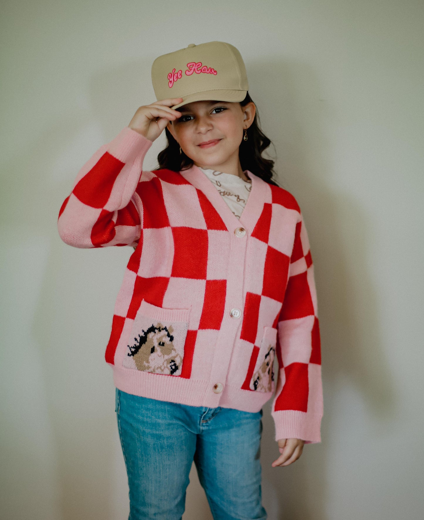 Pink Red Check Horse - Infant Cardigan Sweater (6pcs)
