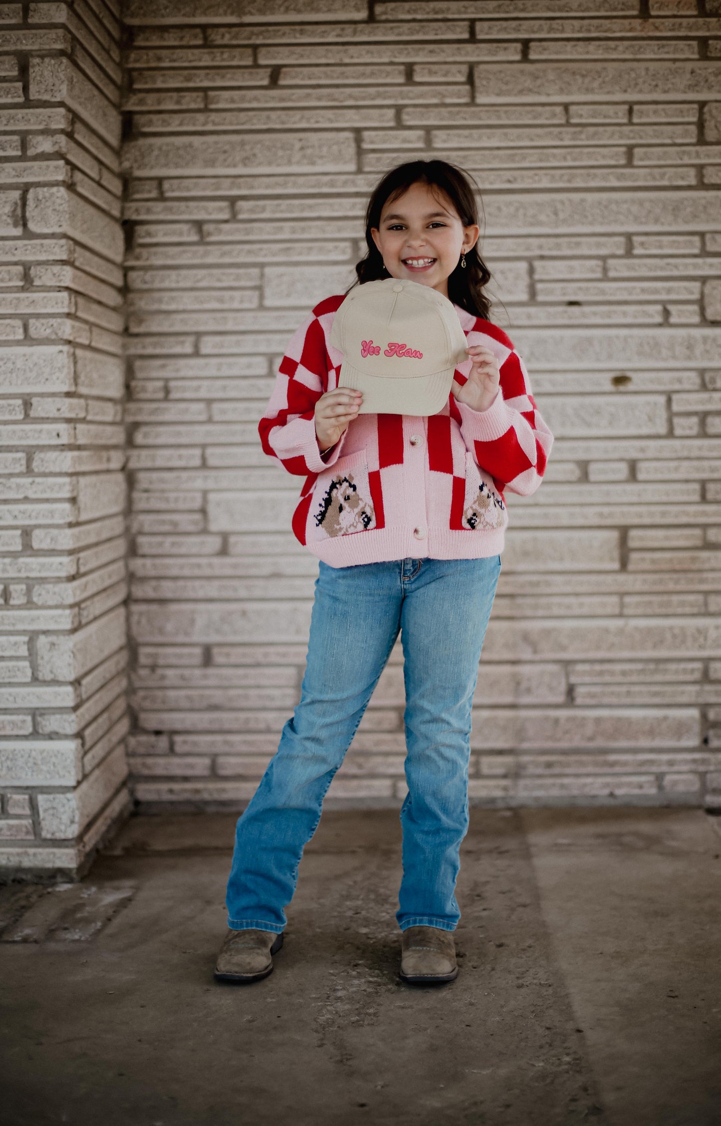 Pink Red Check Horse - Youth Cardigan Sweater (6pcs)
