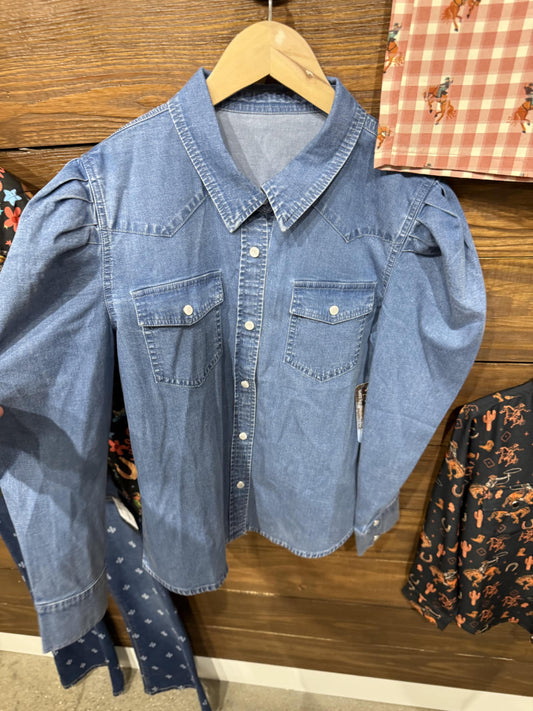 Denim - Youth Puff Sleeve Pearl Snap Shirt (6pcs)