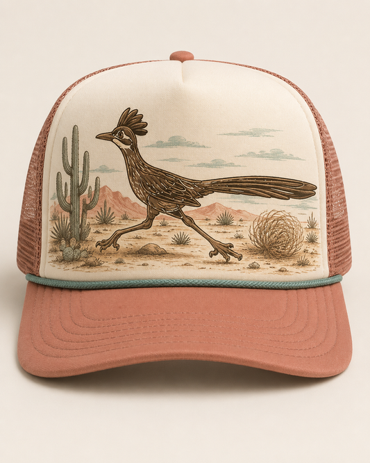 Dusty rose and teal foam trucker snapback hat with desert roadrunner design
