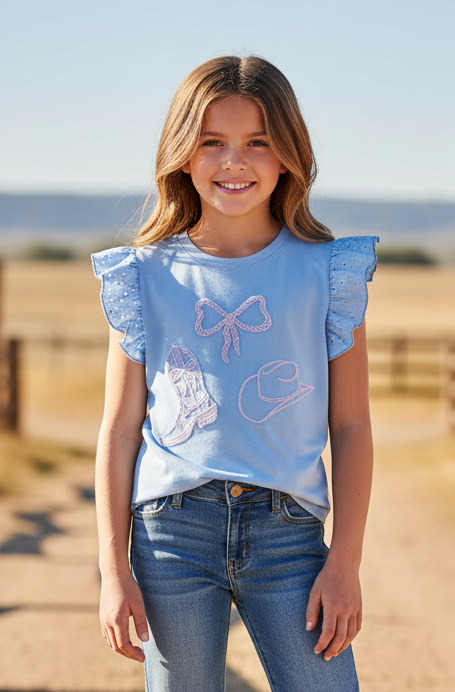 Blue Pink Western Elements - Toddler Ruffle Eyelet Tee (4pcs)