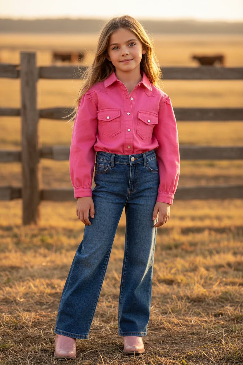 Coral Pink Denim - Toddler Puff LS Pearl Snap (4pcs)