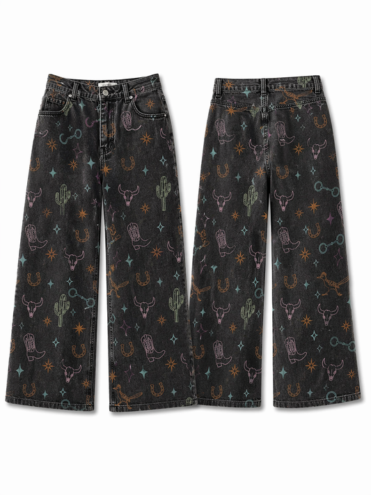 Vintage black wash denim barrel pants with western things details front and back view