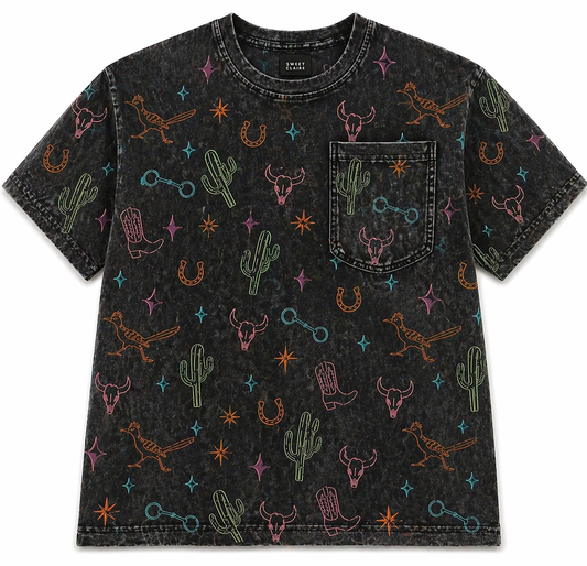 Black western and desert things vintage wash pocket tshirt