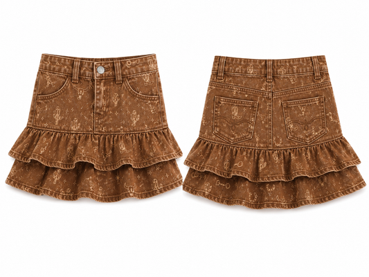 A brown denim skirt with a distressed wash and subtle cactus print, shown from both the front and back views on a white background.