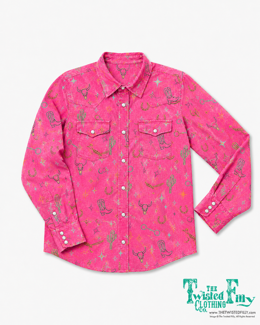 A pink long-sleeve western-style button-up shirt with an allover cowboy boot, cactus, horseshoe, and star print, displayed flat against a white background.