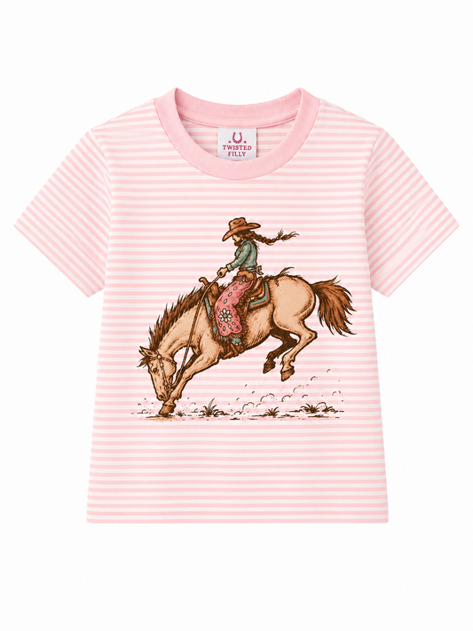 A pink and white striped short-sleeve t-shirt for kids, featuring a central graphic of a cowboy riding a bucking horse. 