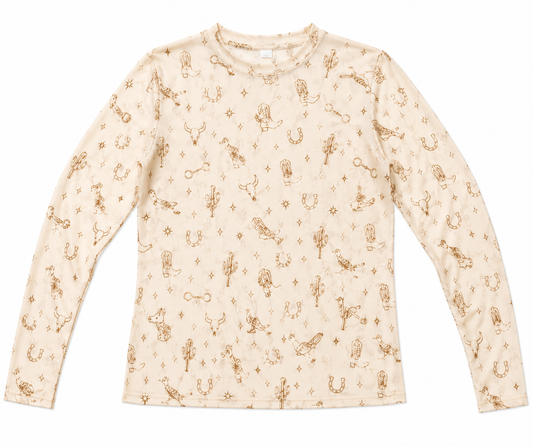 A long-sleeve mesh top in cream with an all-over brown cowboy and western-themed print, including boots, horseshoes, cactus, and stars.