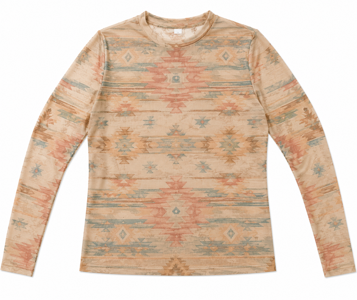 A long-sleeve mesh shirt with a distressed Southwestern geometric pattern in beige, terracotta, and muted blue, laid flat against a white background.