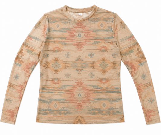 A long-sleeve mesh shirt with a distressed Southwestern geometric pattern in beige, terracotta, and muted blue, laid flat against a white background.