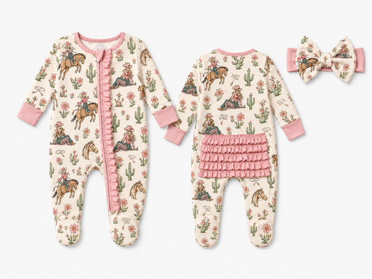 Pink and cream cowgirl and cactus design infant bamboo sleeper with matching hair bow front and back view