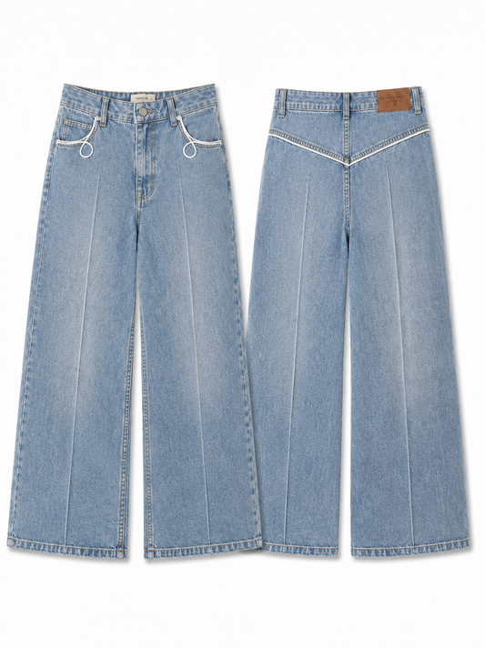 A pair of wide-leg light blue denim jeans shown from both the front and back views, laid flat against a solid white background.