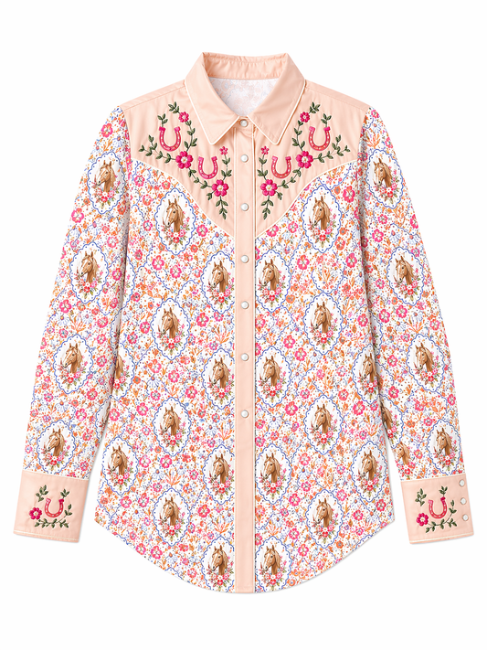 Long sleeve horse and floral pearl snap with embroidered floral and horseshoe detail