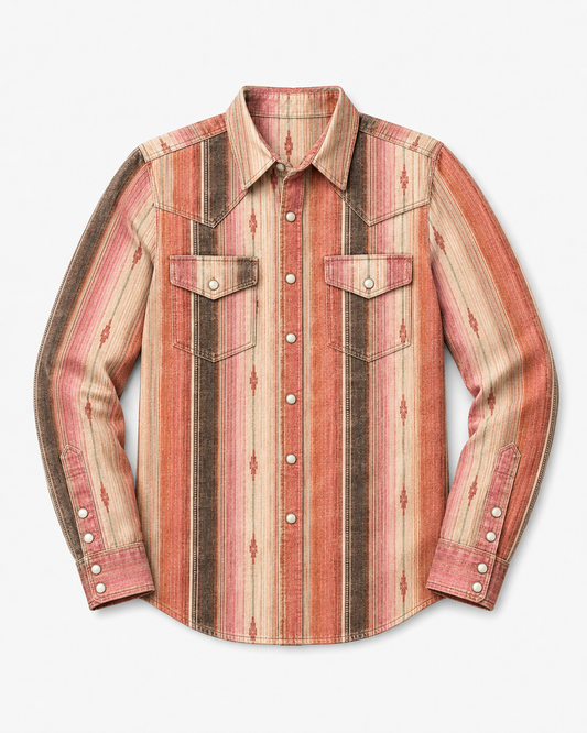 A long-sleeve western-style pearl snap  button-up shirt with a vertical stripe pattern in shades of pink, rust orange, beige, and brown, featuring two buttoned chest pockets and snap-button cuffs.