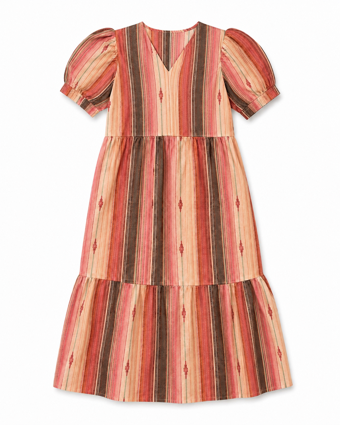 A tiered short-sleeve dress with puff sleeves, featuring a vertical striped pattern in shades of rust red, peach, orange, and dark brown, accented with small diamond motifs, shown against a plain white background.