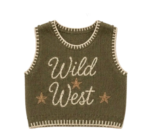 A sleeveless knit vest in sage olive green with cream embroidered text reading 'Wild West' and tan stars, shown on a plain light background 