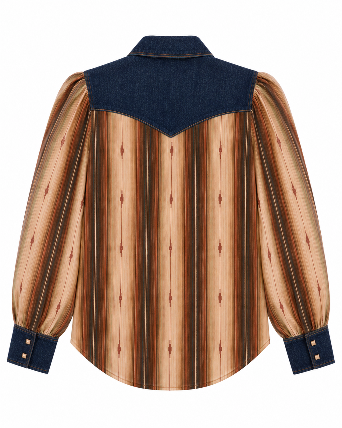 A long-sleeve western-style shirt with a vertical brown and beige stripe pattern, a dark blue denim yoke at the collar, and matching dark blue denim cuffs.