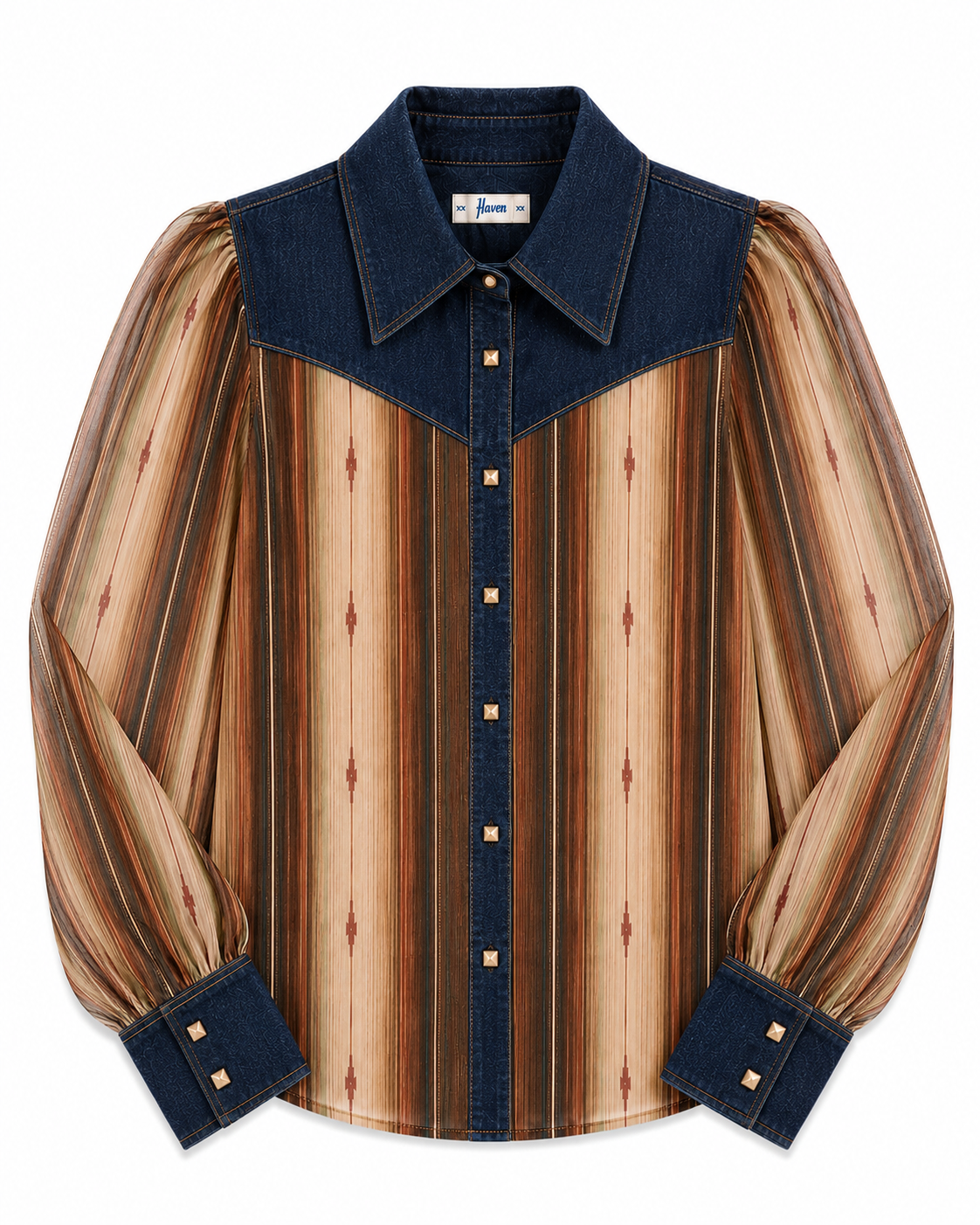 A long-sleeve button-up shirt with a western-inspired design, featuring a dark blue denim collar, yoke, and cuffs, and a sheer striped body in shades of brown, beige, and tan with small red diamond accents.