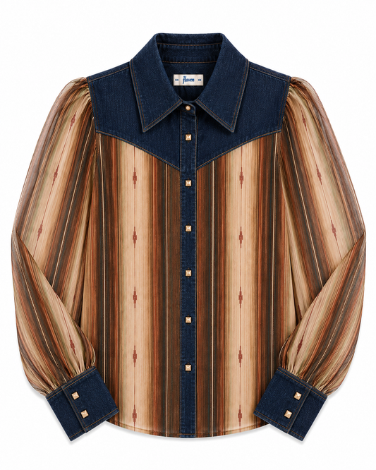A long-sleeve button-up shirt with a western-inspired design, featuring a dark blue denim collar, yoke, and cuffs, and a sheer striped body in shades of brown, beige, and tan with small red diamond accents.